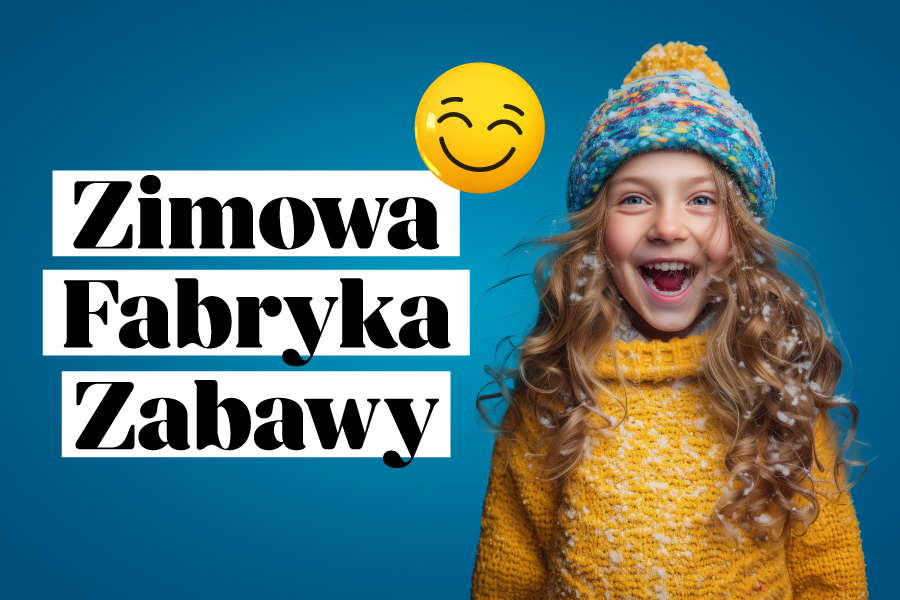 Zimowa grafika, uśmiechnięta dziewczynka w czapce oprószonej śniegiem – ferie zimowe w Galerii Solnej, atrakcje dla rodzin.