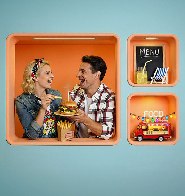 Zlot food trucków pod Galerią Solną – uśmiechnięta para jedząca burgera i frytki na tle kolorowej, letniej grafiki z motywem street foodu i mobilnych punktów gastronomicznych.