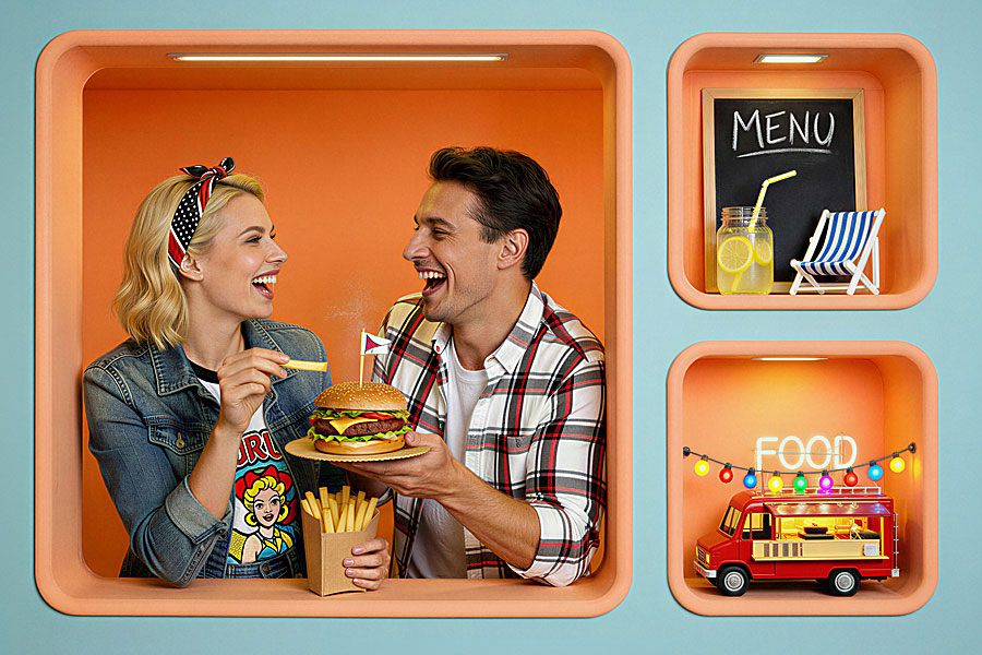 Zlot food trucków pod Galerią Solną – uśmiechnięta para jedząca burgera i frytki na tle kolorowej, letniej grafiki z motywem street foodu i mobilnych punktów gastronomicznych.