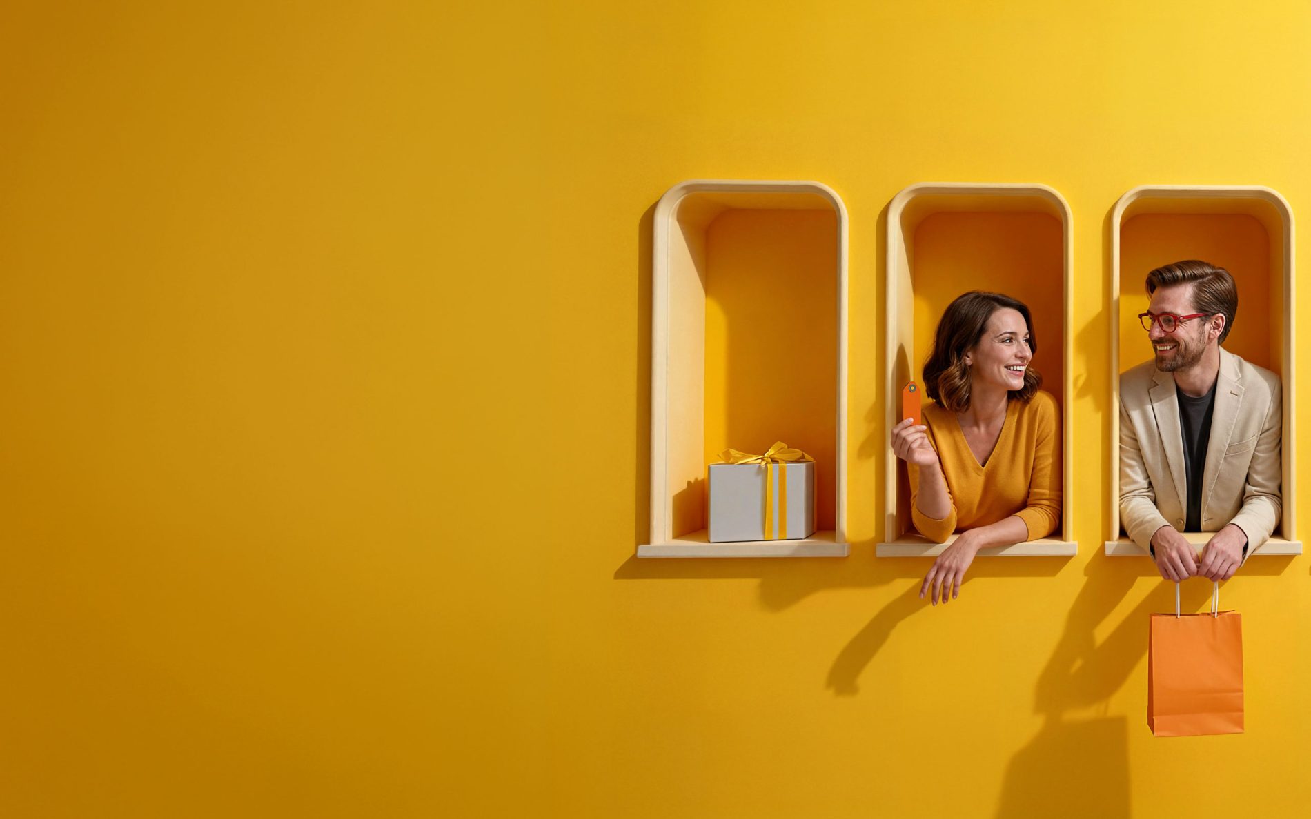 Uśmiechnięta para robiąca zakupy w galerii handlowej podczas niedzieli handlowej, kolorowa aranżacja z torbami zakupowymi i prezentami.