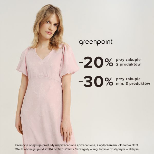 Kobieta w jasnoróżowej sukience. Greenpoint – promocja: -20% przy zakupie 2 produktów oraz -30% przy zakupie minimum 3 produktów, oferta obowiązuje od 28.04 do 06.05.