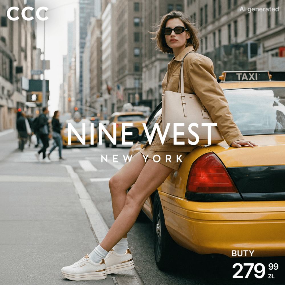 Baner reklamowy CCC promujący markę Nine West New York. Modelka w beżowym komplecie i okularach przeciwsłonecznych opiera się o żółtą nowojorską taksówkę na tle ruchliwej ulicy. Na ramieniu ma jasną torebkę, a na nogach białe sneakersy ze złotymi detalami. W prawym dolnym rogu widnieje cena butów: 279,99 zł. W górnym rogu logotypy CCC.