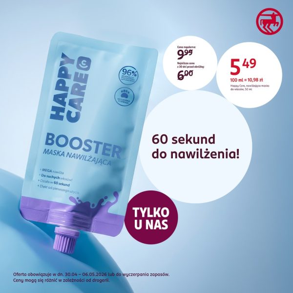 Reklama Rossmann: nawilżająca maska do włosów Happy Care Booster w opakowaniu typu saszetka. Hasło: „60 sekund do nawilżenia!”. Cena promocyjna 5,49 zł, produkt dostępny tylko w Rossmannie.