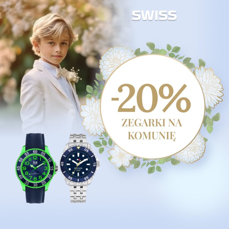 Baner reklamowy SWISS: Promocja -20% na zegarki na komunię. Na zdjęciu chłopiec w białym garniturze oraz dwa modele zegarków: sportowy Ice-Watch z zieloną kopertą i elegancki zegarek Tommy Hilfiger na srebrnej bransolecie. Całość na błękitnym tle z motywem białych kwiatów.