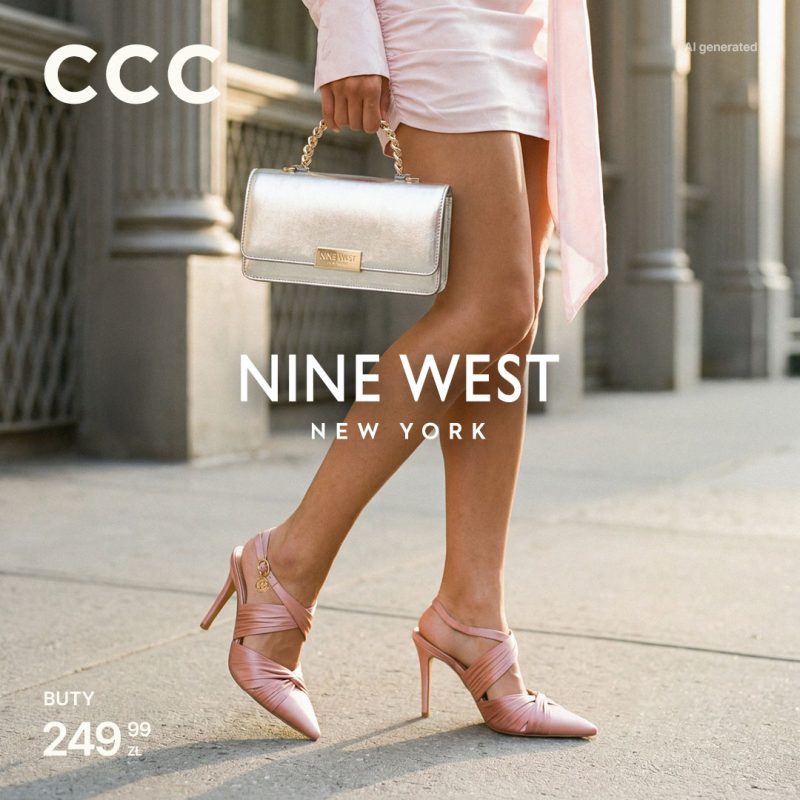 Reklama CCC i marki Nine West New York: kobieta w różowych szpilkach i z jasną torebką spaceruje po miejskiej ulicy. Na grafice informacja o cenie butów – 249,99 zł.