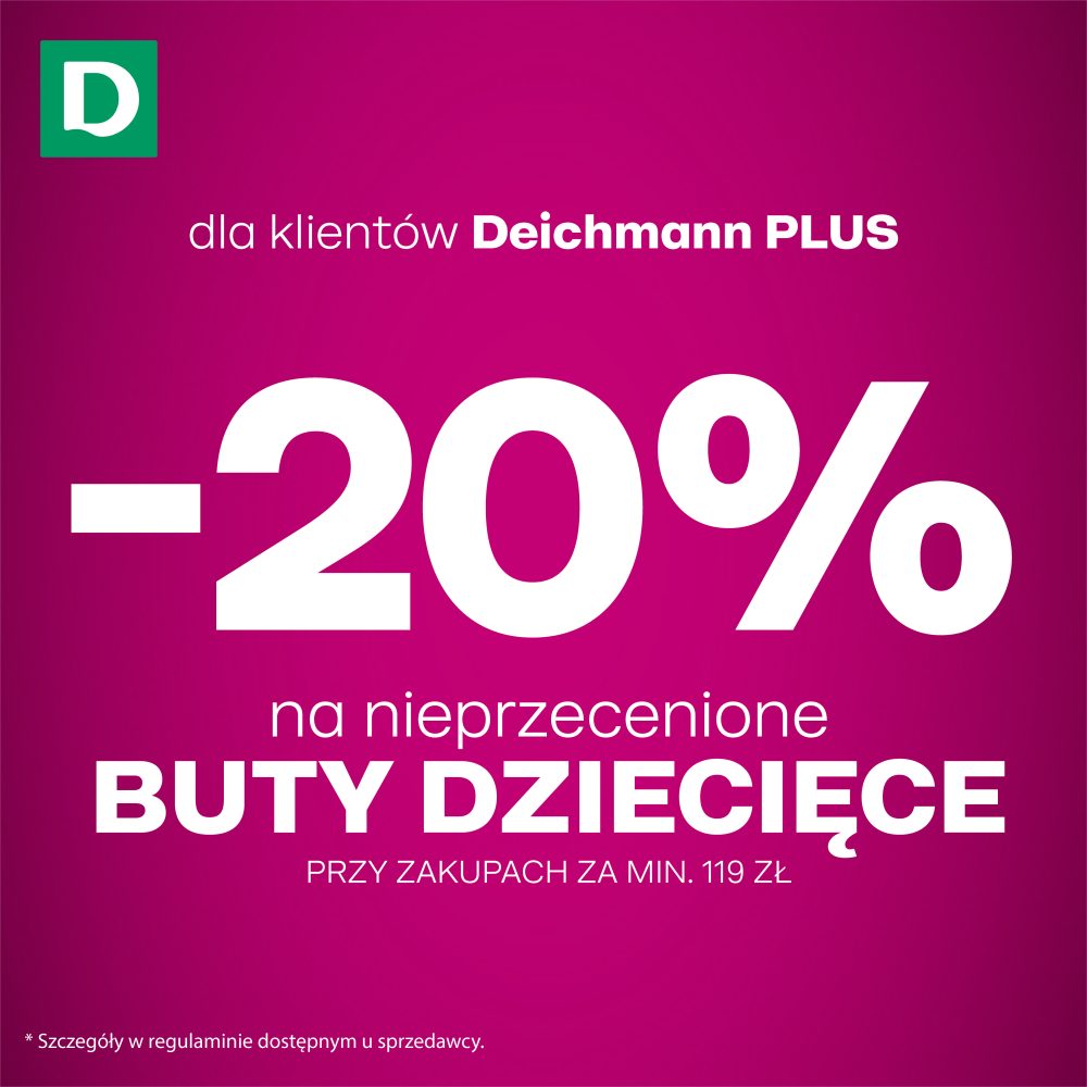 Baner promocyjny na ciemnoróżowym tle dla klientów Deichmann PLUS z dużym białym napisem „-20%”. Oferta dotyczy zniżki na „nieprzecenione BUTY DZIECIĘCE przy zakupach za min. 119 zł”. W lewym górnym rogu znajduje się charakterystyczne zielone logo Deichmann z białą literą D, a na samym dole umieszczono dopisek: „*Szczegóły w regulaminie dostępnym u sprzedawcy.”