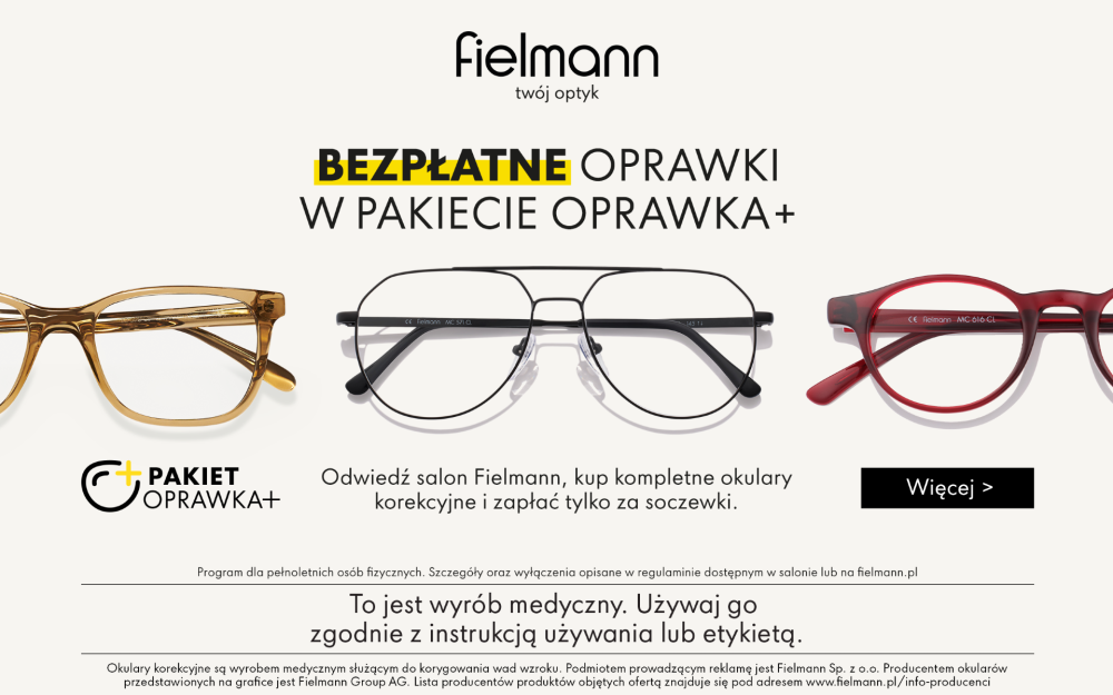 Grafika promująca otwarcie salonu Fielmann w Galerii Solnej. Na obrazku różne oprawki okularów.