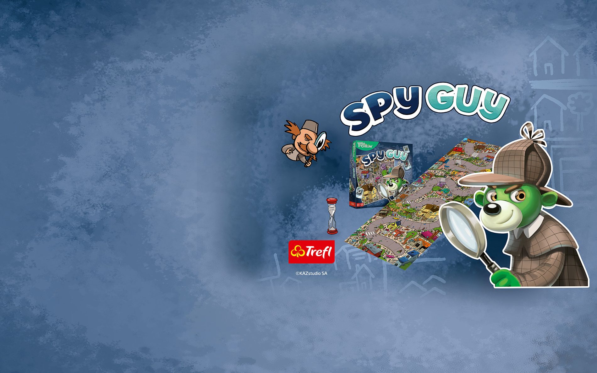 Grafika promująca wydarzenie z okazji Dnia Dziecka w Galeria Solna. Na ilustracji widoczna jest gra Spy Guy XXL z detektywistyczą planszą, postacią misia z lupą oraz logo Trefl. Event odbywa się od 25 do 30 maja i obejmuje rodzinne gry oraz zabawy dla dzieci.