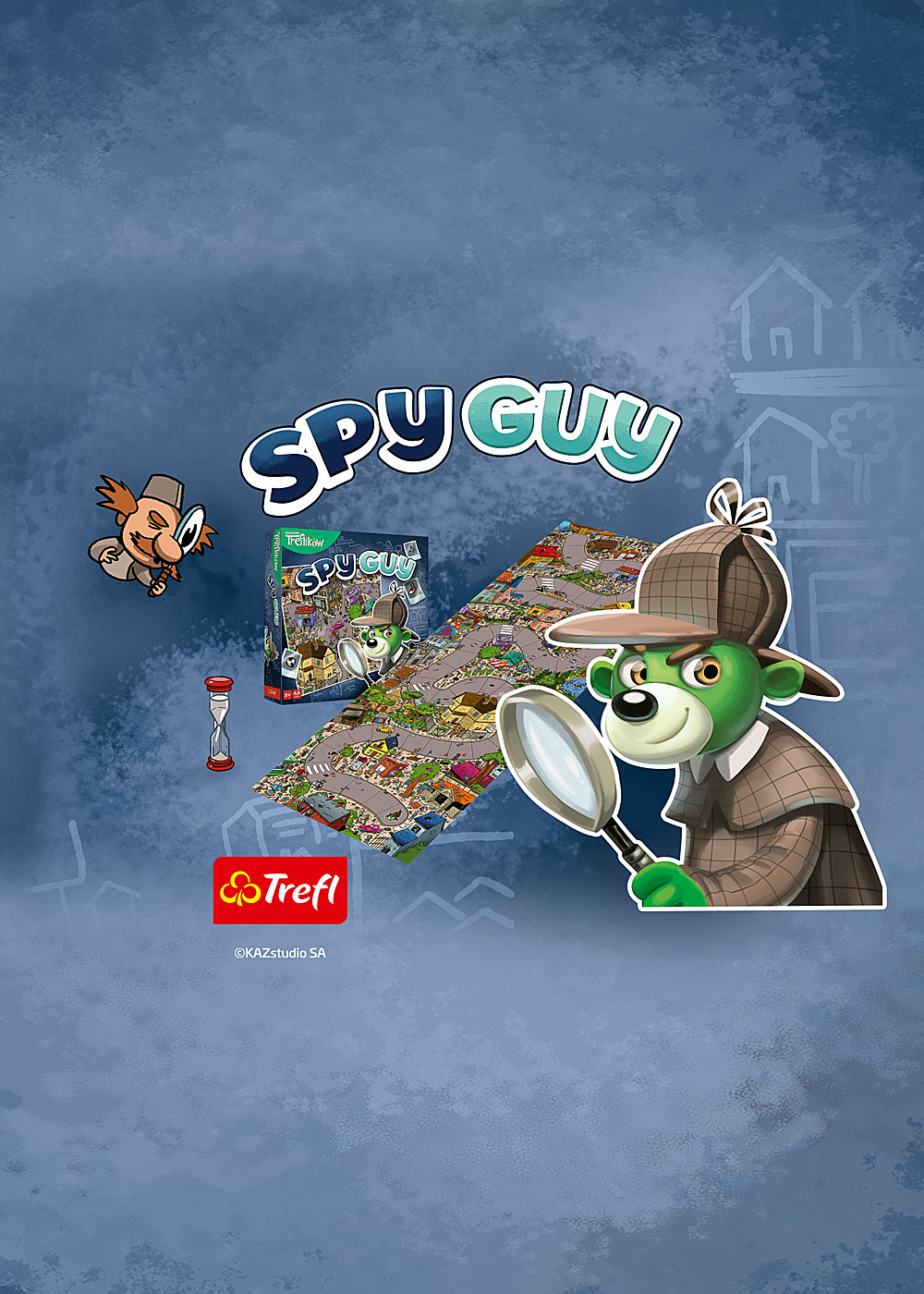 Grafika promująca wydarzenie z okazji Dnia Dziecka w Galeria Solna. Na ilustracji widoczna jest gra Spy Guy XXL z detektywistyczą planszą, postacią misia z lupą oraz logo Trefl. Event odbywa się od 25 do 30 maja i obejmuje rodzinne gry oraz zabawy dla dzieci.