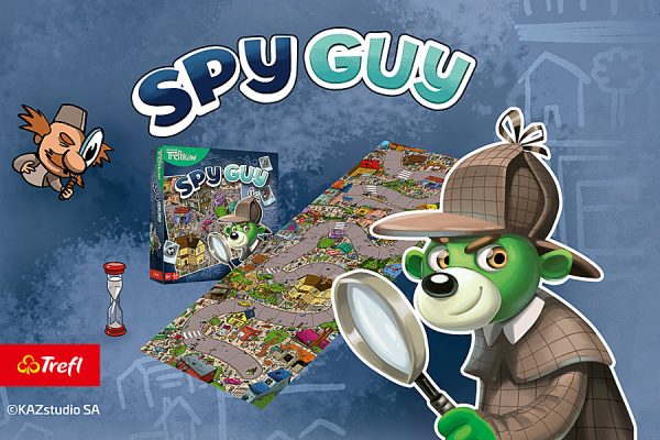 Grafika promująca wydarzenie z okazji Dnia Dziecka w Galeria Solna. Na ilustracji widoczna jest gra Spy Guy XXL z detektywistyczą planszą, postacią misia z lupą oraz logo Trefl. Event odbywa się od 25 do 30 maja i obejmuje rodzinne gry oraz zabawy dla dzieci.