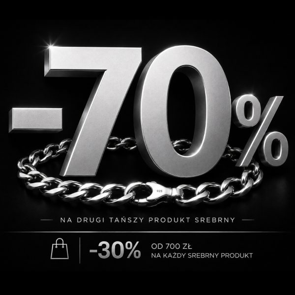 Elegancki baner promocyjny na czarnym tle z dużym, trójwymiarowym, srebrnym napisem „-70%”. Wokół cyfr ułożona jest błyszcząca, srebrna bransoletka o grubym splocie pancerka, z widoczną próbą 925 na zapięciu. Poniżej znajduje się hasło „NA DRUGI TAŃSZY PRODUKT SREBRNY”, a pod linią dodatkowa oferta: „-30% OD 700 ZŁ NA KAŻDY SREBRNY PRODUKT” z małą ikoną toby zakupowej.