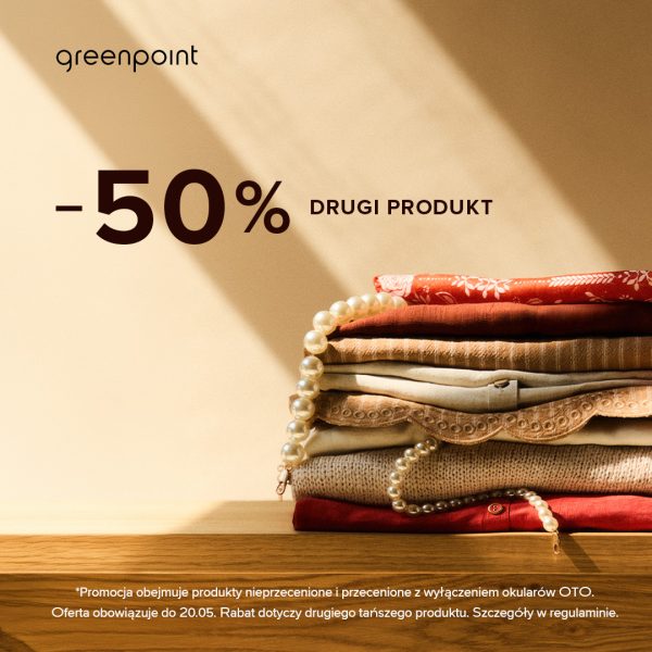 Greenpoint zaprasza na modowe okazje! Skorzystaj z promocji „drugi produkt -50%” i odśwież swoją garderobę o stylowe fasony na co dzień i wyjątkowe okazje. To idealny moment, by dobrać ulubione ubrania i dodatki w jeszcze lepszych cenach. Oferta obowiązuje do 20 maja – szczegóły w regulaminie promocji.