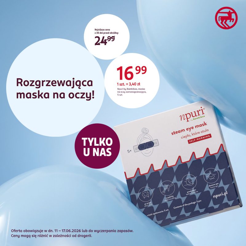 Baner reklamowy na błękitnym tle prezentujący samorozgrzewającą maskę na oczy marki npuri by Bambiboo. Na grafice, w otoczeniu dużych bąbli, widoczne jest opakowanie produktu „steam eye mask” zawierające 5 sztuk. W białych okręgach umieszczono hasło „Rozgrzewająca maska na oczy!” oraz cenę promocyjną: 16,99 zł (cena za 1 szt. = 3,40 zł) wraz z informacją o najniższej cenie z 30 dni przed obniżką: 24,99 zł. Przy produkcie znajduje się bordowe koło z napisem „TYLKO U NAS”, a w prawym górnym rogu czerwone logo Rossmann. Na dole widnieje informacja: „Oferta obowiązuje w dn. 11 – 17.06.2026 lub do wyczerpania zapasów.”