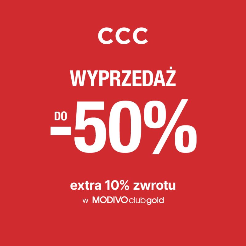 Prosty baner promocyjny marki CCC na jednolitym, intensywnie czerwonym tle. Na środku grafiki umieszczono duże napisy w kolorze białym: „CCC”, poniżej „WYPRZEDAŻ”, a pod nim centralnie wielkie hasło „DO -50%”. Na samym dole znajduje się mniejszy dopisek informacyjny: „extra 10% zwrotu w MODIVO club gold”.