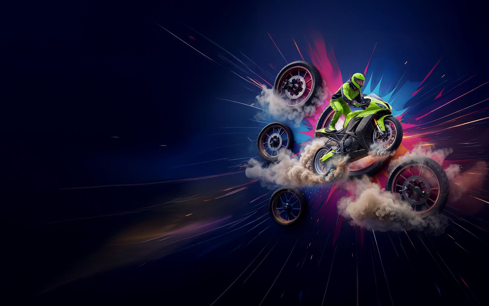 Motocyklista wykonujący efektowny stunt na zielonym motocyklu sportowym w otoczeniu unoszącego się dymu i dynamicznej, kolorowej grafiki symbolizującej emocje oraz adrenalinę podczas zlotu motocyklowego w Galerii Solnej.