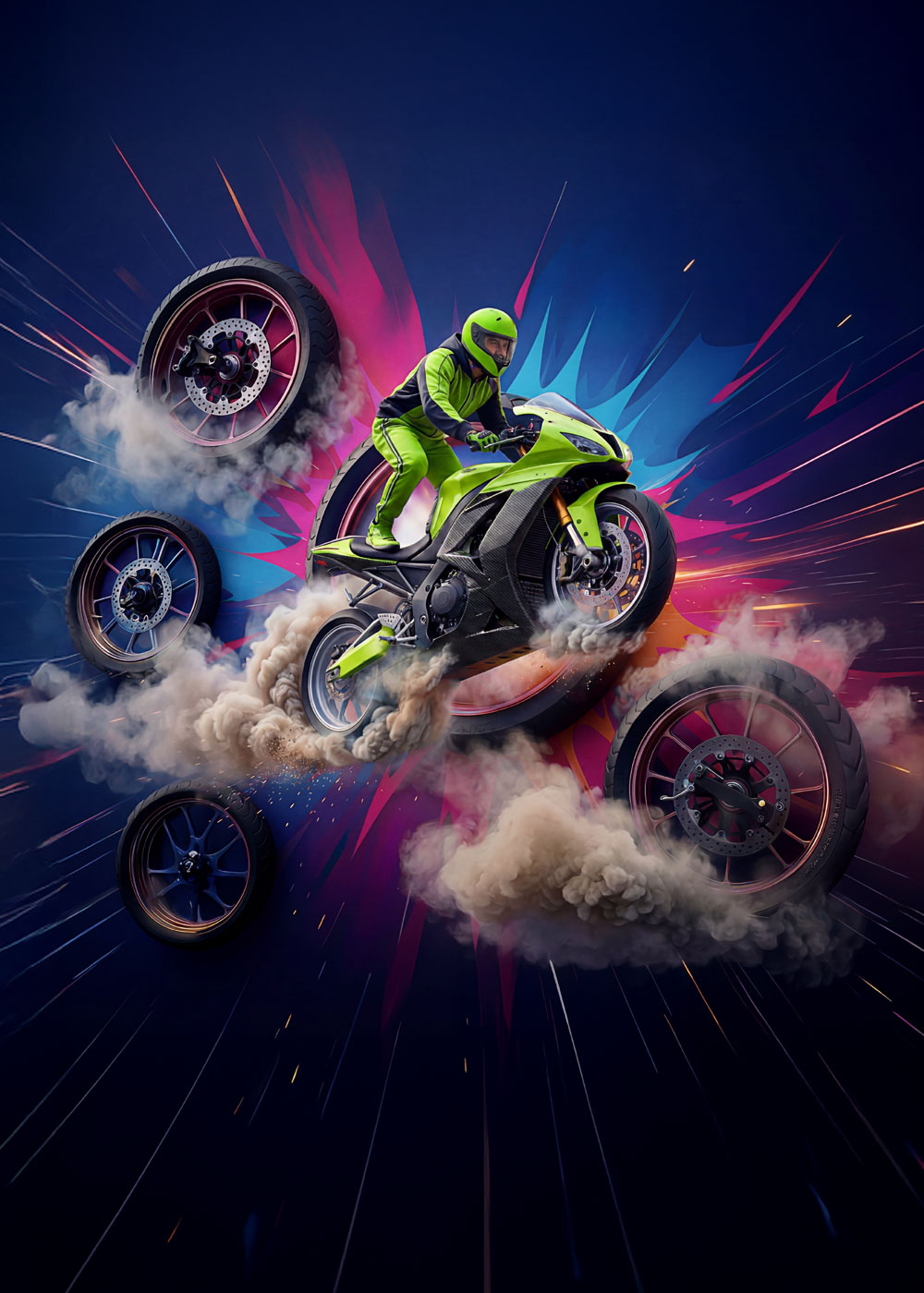 Motocyklista wykonujący efektowny stunt na zielonym motocyklu sportowym w otoczeniu unoszącego się dymu i dynamicznej, kolorowej grafiki symbolizującej emocje oraz adrenalinę podczas zlotu motocyklowego w Galerii Solnej.
