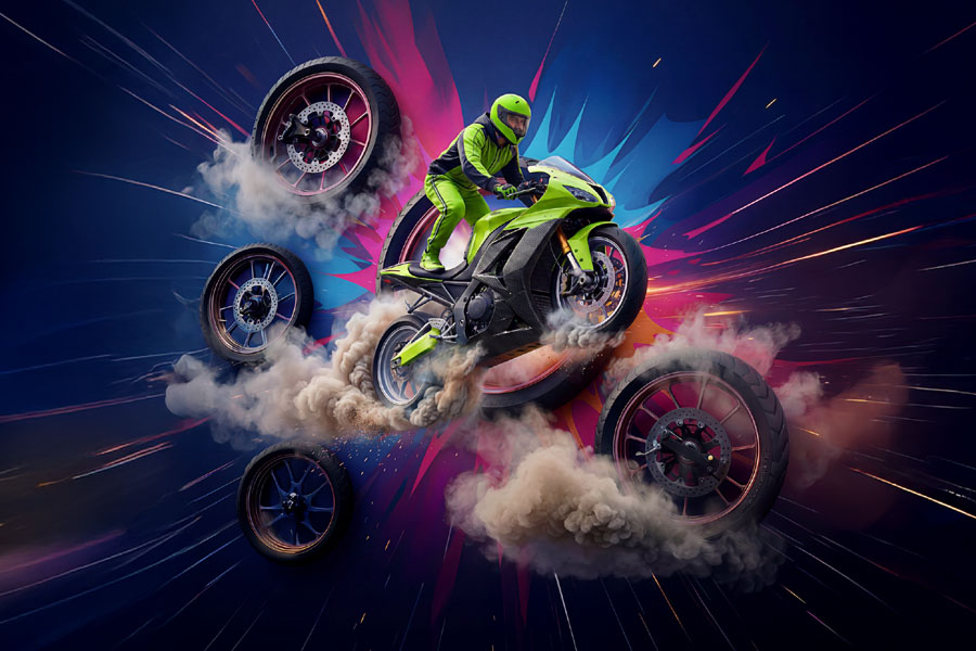 Motocyklista wykonujący efektowny stunt na zielonym motocyklu sportowym w otoczeniu unoszącego się dymu i dynamicznej, kolorowej grafiki symbolizującej emocje oraz adrenalinę podczas zlotu motocyklowego w Galerii Solnej.