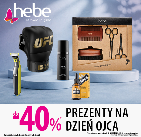 Ulotka promocyjna drogerii Hebe oferująca rabaty „do -40%” na „PREZENTY NA DZIEŃ OJCA”. Na jasnoniebieskich podestach zaprezentowano pomysły na prezenty: golarkę męską Philips OneBlade, czarną rękawicę bokserską UFC, krem do twarzy M°2 Face Cream, olejek do brody Proraso oraz zestaw do pielęgnacji brody Hebe for Men w tekturowym opakowaniu (zawierający grzebień, szczotkę i nożyczki). W lewym górnym rogu znajduje się różowe logo „hebe zdrowie i piękno”. Na dole widnieje informacja, że promocja obowiązuje w dniach 03-23.06.2026 r. lub do wyczerpania zapasów.
