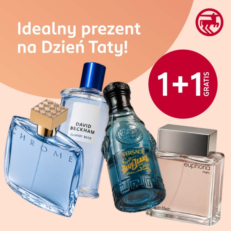 Baner reklamowy sieci Rossmann z hasłem „Idealny prezent na Dzień Taty!”. Na pastelowym, brzoskwiniowym tle zaprezentowano cztery flakony męskich perfum: Azzaro Chrome, David Beckham Classic Blue, Versace Blue Jeans oraz Calvin Klein Euphoria men. Po prawej stronie umieszczono duże, czerwone koło z napisem „1+1 GRATIS”, a w prawym górnym rogu znajduje się okrągłe, bordowe logo Rossmann.