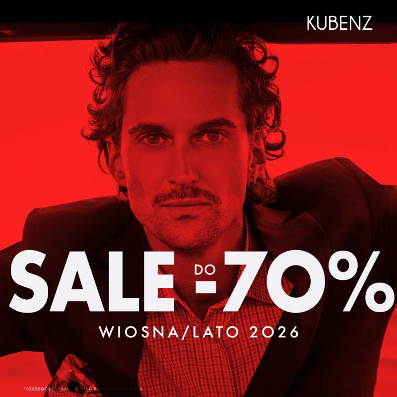 Wyprzedażowy baner reklamowy marki KUBENZ na intensywnie czerwonym tle. Zdjęcie przedstawia portret mężczyzny z wąsami i lekko kręconymi włosami, ubranego w elegancką marynarkę i wzorzystą koszulę. W dolnej części grafiki nałożono duże, białe napisy: „SALE DO -70%” oraz „WIOSNA/LATO 2026”. W prawym górnym rogu znajduje się minimalistyczne, białe logo „KUBENZ”, a w lewym dolnym rogu widnieje mały dopisek: „*SZCZEGÓŁY W SALONACH U DORADCÓW KLIENTA”.