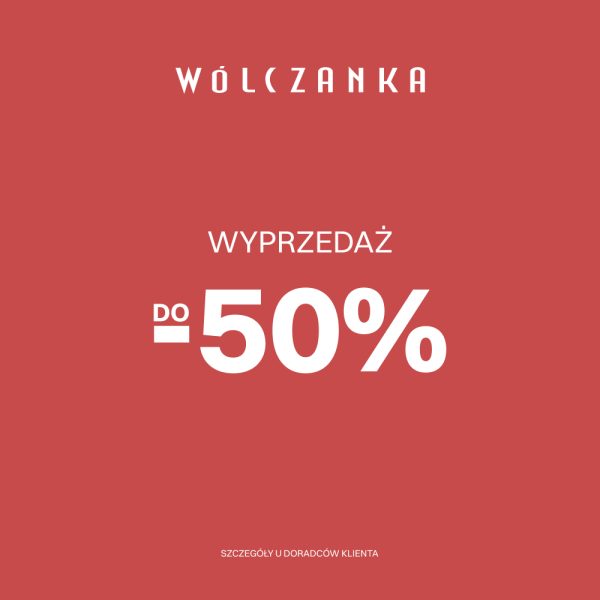 Baner reklamowy marki Wólczanka ogłaszający wyprzedaż na jednolitym, stonowanym czerwonym tle. W górnej części umieszczono białe logo „WÓLCZANKA”, pod którym znajduje się napis „WYPRZEDAŻ”. Poniżej widnieje duży, wyraźny komunikat rabatowy: mniejszy, podkreślony napis „DO” oraz wielkie cyfry „-50%”. Na samym dole baneru, ułożony mniejszą czcionką, znajduje się biały napis: „SZCZEGÓŁY U DORADCÓW KLIENTA”.