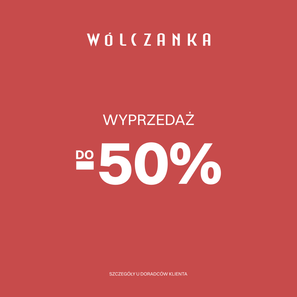 Baner reklamowy marki Wólczanka ogłaszający wyprzedaż na jednolitym, stonowanym czerwonym tle. W górnej części umieszczono białe logo „WÓLCZANKA”, pod którym znajduje się napis „WYPRZEDAŻ”. Poniżej widnieje duży, wyraźny komunikat rabatowy: mniejszy, podkreślony napis „DO” oraz wielkie cyfry „-50%”. Na samym dole baneru, ułożony mniejszą czcionką, znajduje się biały napis: „SZCZEGÓŁY U DORADCÓW KLIENTA”.