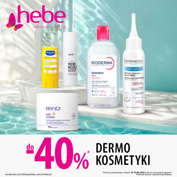 Ulotka promocyjna drogerii Hebe oferująca rabaty „do -40%” na „DERMOKOSMETYKI”. Na tle słonecznego basenu z błękitną wodą wyeksponowano na podwyższeniu pięć produktów: żółty sztyft przeciwsłoneczny Mustela SPF 50+, białe serum Lynia Micro Needle, płyn micelarny Bioderma Sensibio H2O, peeling trychologiczny do skóry głowy Dermedic Capilarte oraz emoliencyjne masełko oczyszczające Bandi Anti Irritate. W lewym górnym rogu znajduje się różowe logo „hebe zdrowie i piękno”. Na dole widnieje informacja, że promocja obowiązuje w dniach 03-18.06.2026 r. lub do wyczerpania zapasów i dotyczy wybranych produktów.