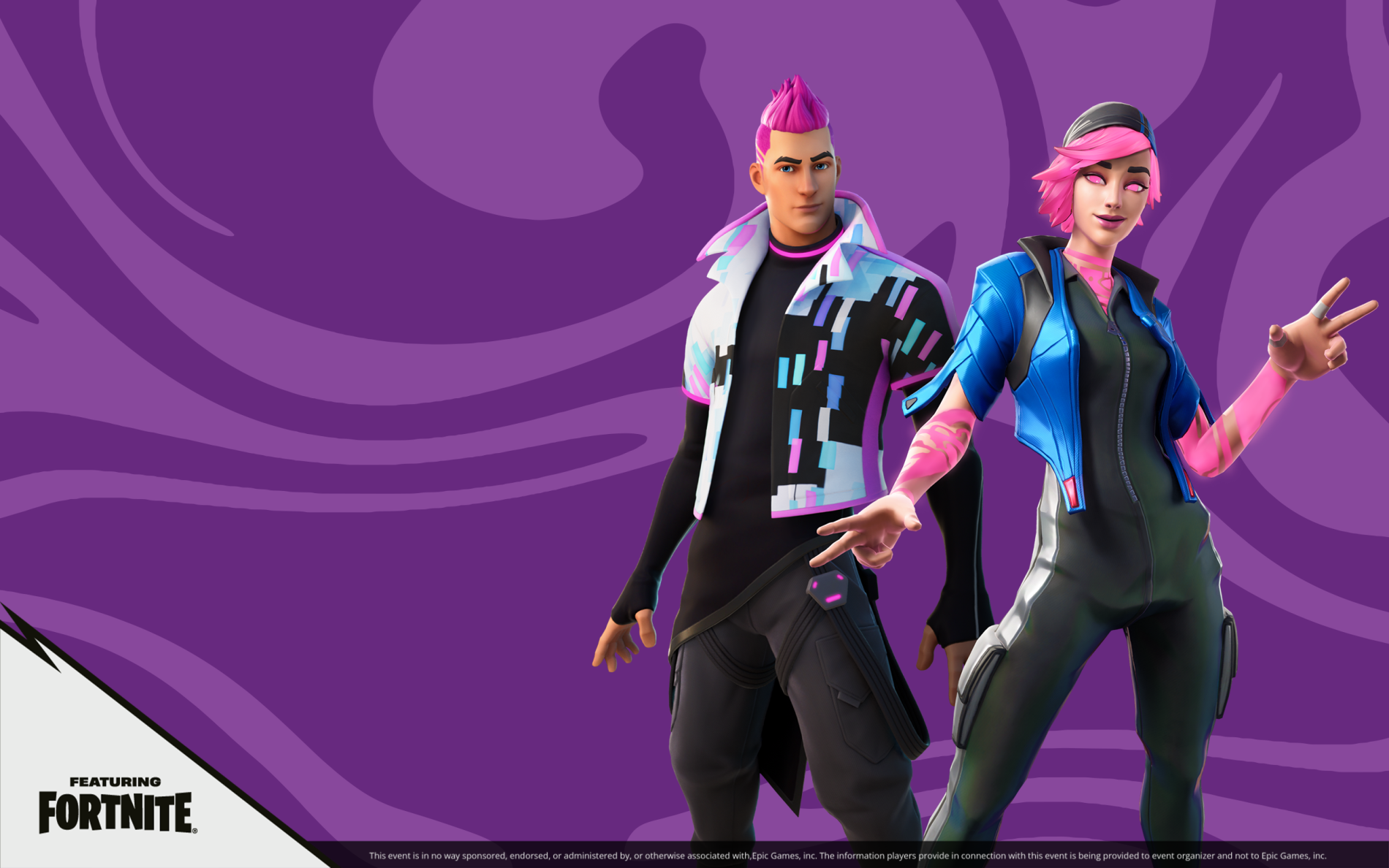 Grafika promująca strefę gamingową Fortnite w Galerii Solnej przedstawiająca dwie postacie z różowymi włosami na fioletowym tle z logo Fortnite w lewym dolnym rogu.
