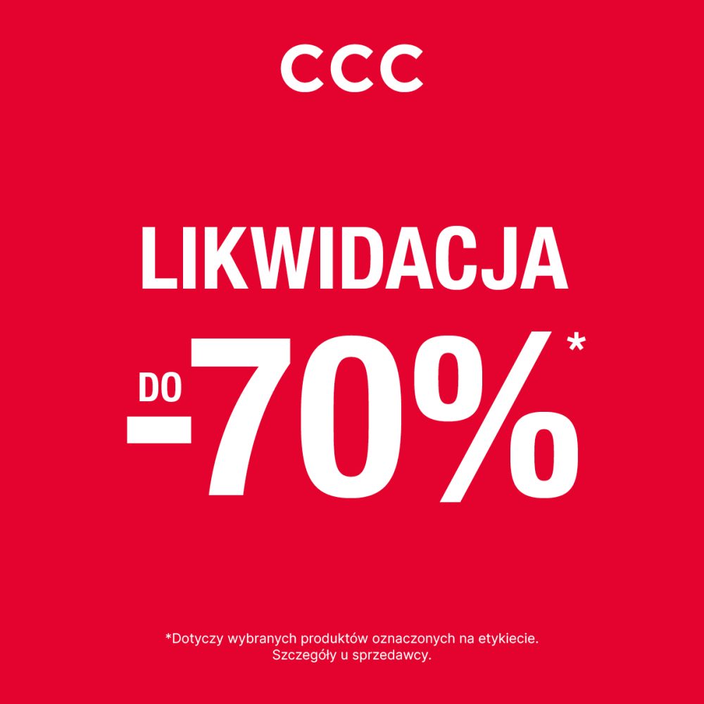 Czerwony baner wyprzedażowy marki CCC z informacją o likwidacji kolekcji. U góry znajduje się białe logo „CCC”, poniżej umieszczono duży napis „LIKWIDACJA”, a pod nim wielką wartość rabatu „DO -70%*”. Na samym dole widnieje napis drobnym drukiem: „*Dotyczy wybranych produktów oznaczonych na etykiecie. Szczegóły u sprzedawcy.”