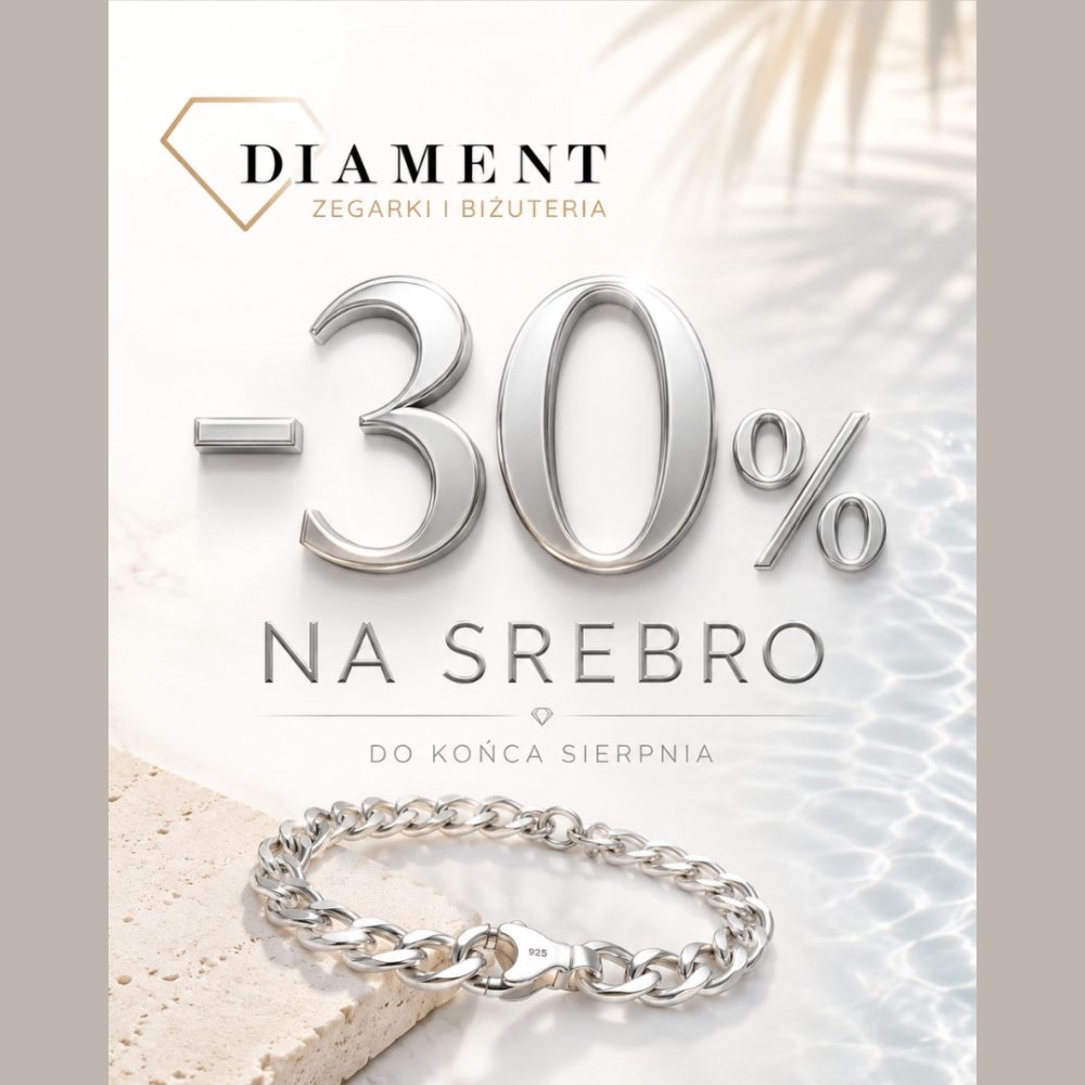 Baner reklamowy marki DIAMENT prezentujący promocję na biżuterię srebrną. Tło grafiki imituje lekko falującą, jasną wodę z delikatnym cieniem liści palmy w prawym górnym rogu. W lewym dolnym rogu, na fragmencie jasnego, porowatego kamienia leży gruba, srebrna bransoletka o splot pancerka z widoczną próbą 925 na zapięciu. W górnej części umieszczono logo marki: kontur diamentu oraz napis „DIAMENT ZEGARKI I BIŻUTERIA”. Poniżej znajduje się duży trójwymiarowy, srebrny napis „-30% NA SREBRO”, a pod nim dopisek „DO KOŃCA SIERPNIA”.
