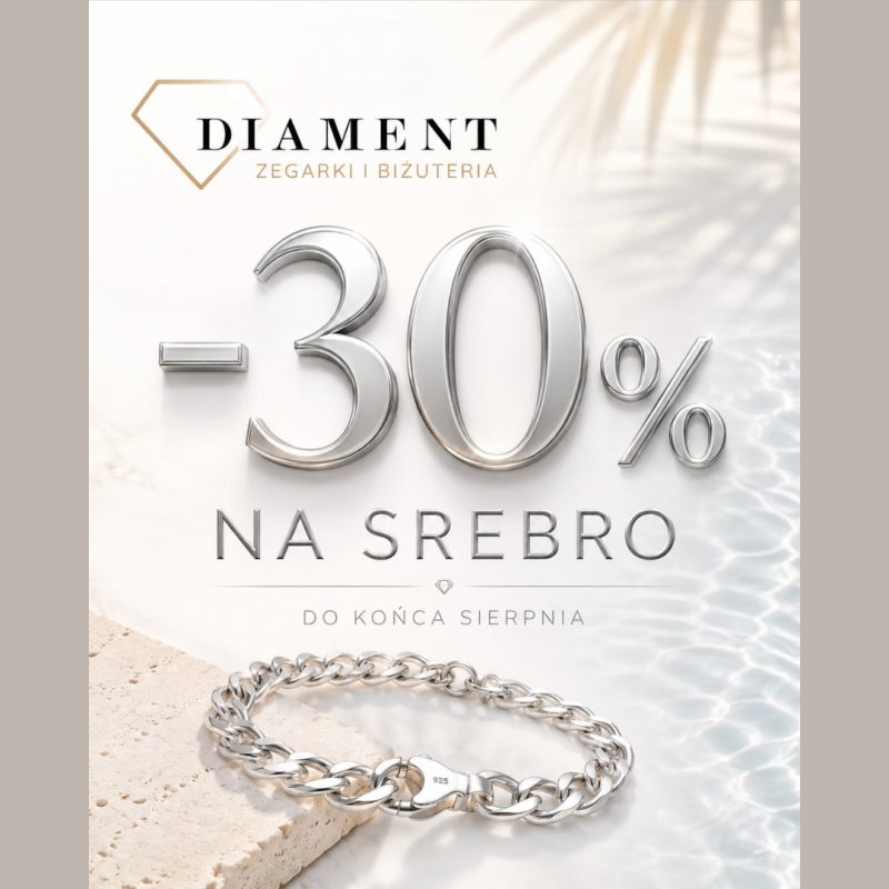 Baner reklamowy marki DIAMENT prezentujący promocję na biżuterię srebrną. Tło grafiki imituje lekko falującą, jasną wodę z delikatnym cieniem liści palmy w prawym górnym rogu. W lewym dolnym rogu, na fragmencie jasnego, porowatego kamienia leży gruba, srebrna bransoletka o splot pancerka z widoczną próbą 925 na zapięciu. W górnej części umieszczono logo marki: kontur diamentu oraz napis „DIAMENT ZEGARKI I BIŻUTERIA”. Poniżej znajduje się duży trójwymiarowy, srebrny napis „-30% NA SREBRO”, a pod nim dopisek „DO KOŃCA SIERPNIA”.