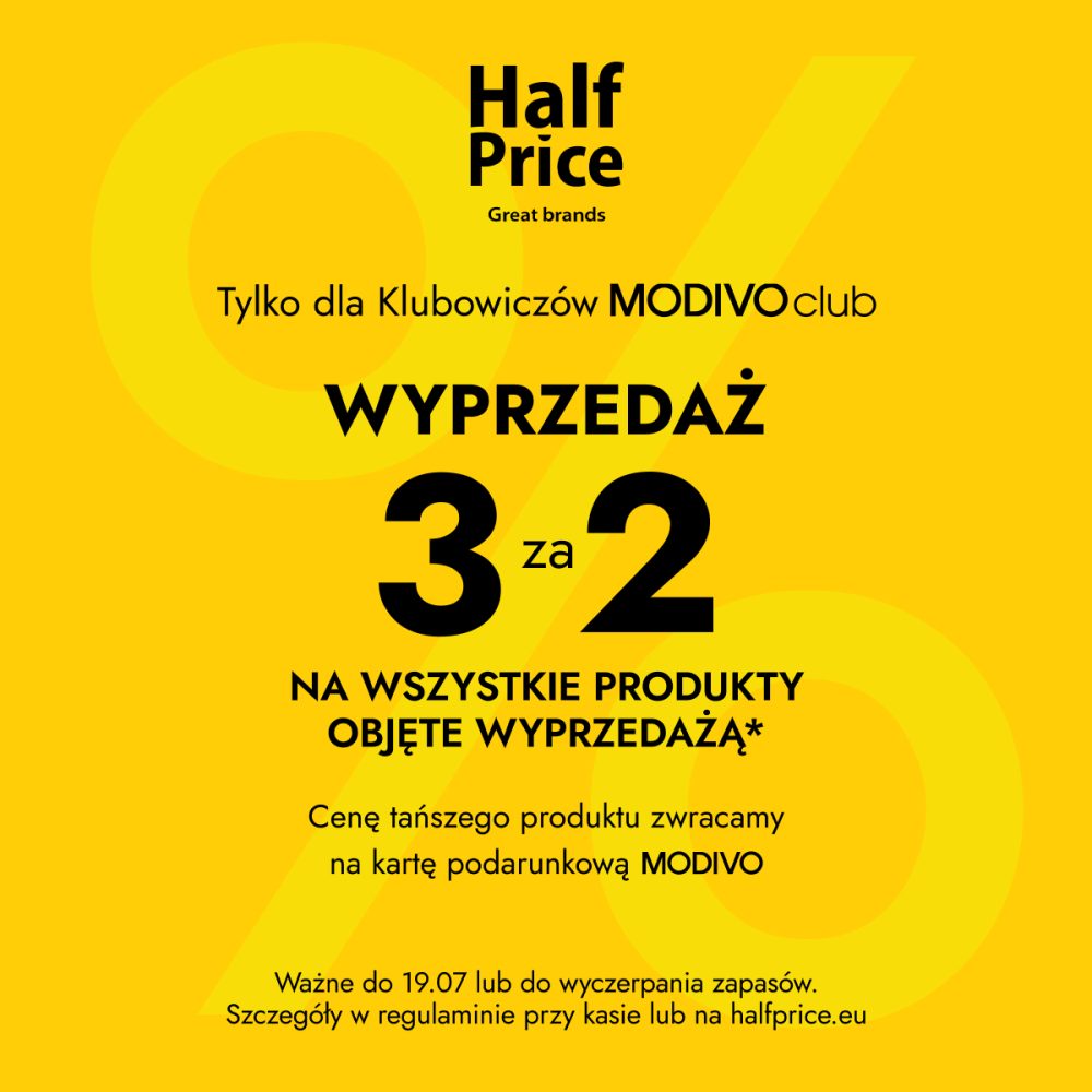 Grafik promocyjna Half Price na żółtym tle. Logo Half Price \
