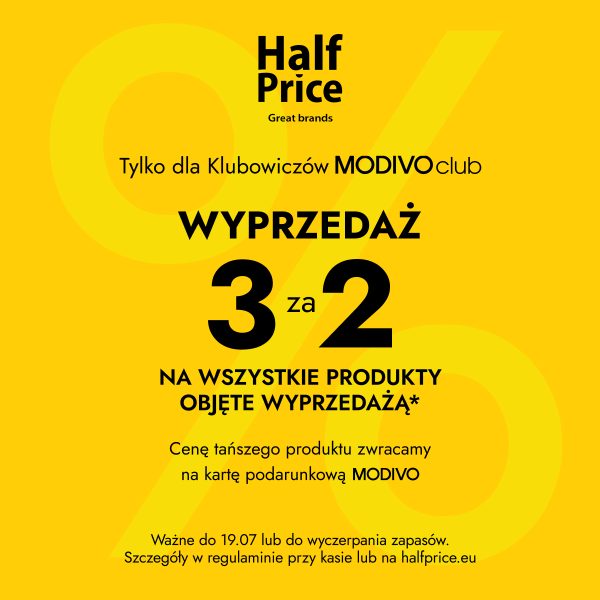 Grafik promocyjna Half Price na żółtym tle. Logo Half Price \
