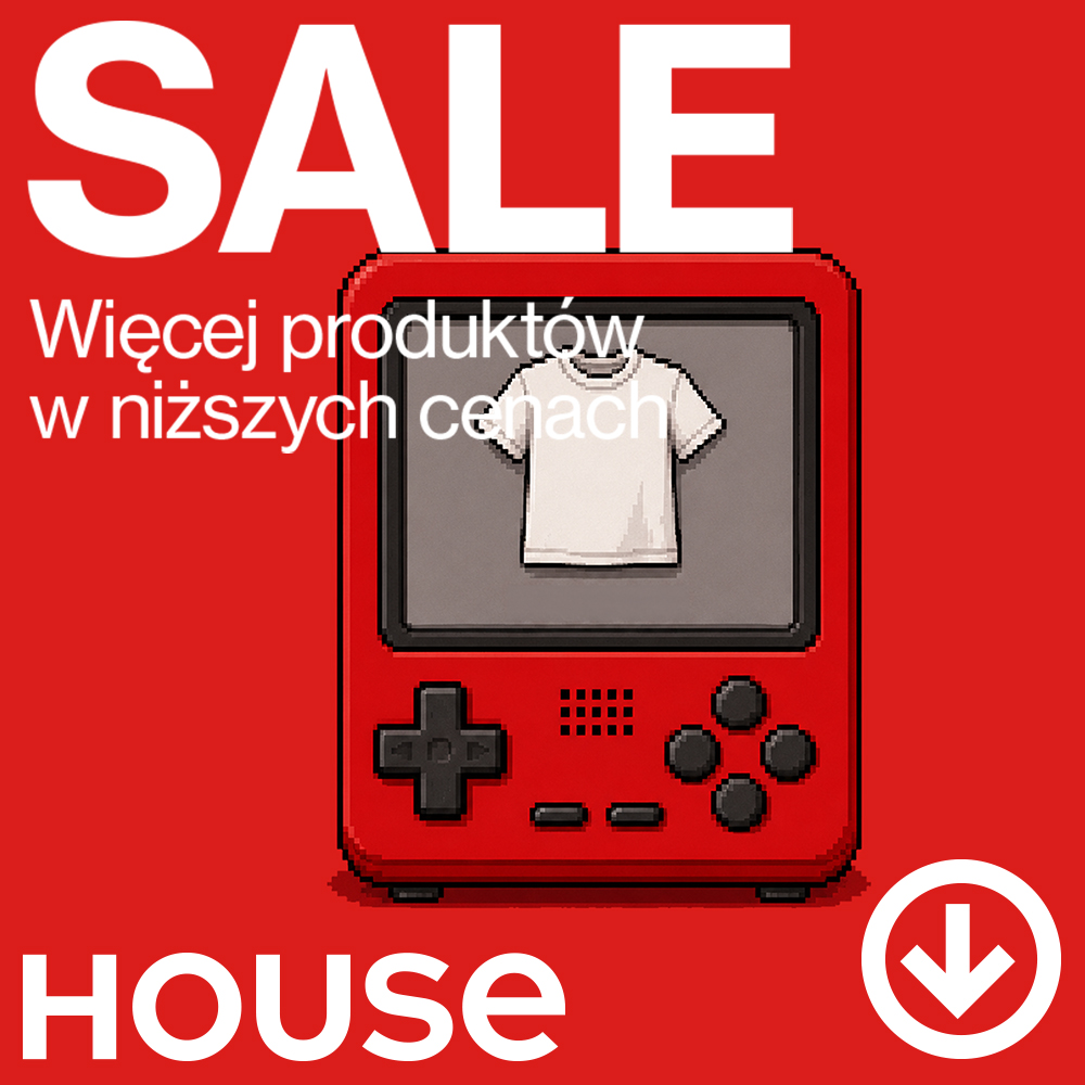Wyprzedażowy baner reklamowy marki House na czerwonym tle. W centrum znajduje się czerwona, pikselowa konsola do gier w stylu retro. Na jej szarym ekranie wyświetla się pikselowa grafika przedstawiająca biały T-shirt, na którą nałożono biały napis „Więcej produktów w niższych cenach”. W górnej części baneru widnieje duży, biały napis „SALE”, a na dole po lewej stronie białe logo „HOUSE”. W prawym dolnym rogu umieszczono białą ikonę strzałki skierowanej w dół.
