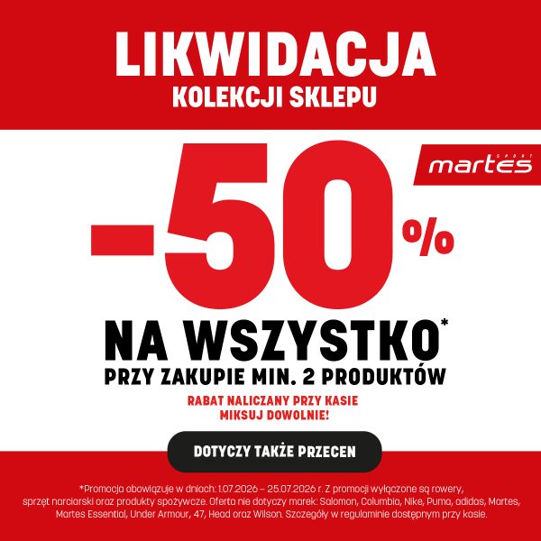 Baner reklamowy sklepu Martes Sport informujący o likwidacji kolekcji. Górny i dolny pas grafiki są czerwone, natomiast środek jest biały. W górnej części widnieje duży napis „LIKWIDACJA KOLEKCJI SKLEPU”. W centralnej części umieszczono wielki, czerwony napis „-50%” oraz logo „martes sport”. Poniżej znajduje się czarny komunikat „NA WSZYSTKO* PRZY ZAKUPIE MIN. 2 PRODUKTÓW”, czerwone hasło „RABAT NALICZANY PRZY KASIE. MIKSUJ DOWOLNIE!” oraz czarny owalny przycisk z napisem „DOTYCZY TAKŻE PRZECEN”. Dolny druk informuje, że promocja obowiązuje w dniach 1.07.2026 – 25.07.2026 r., wyłączone są rowery, sprzęt narciarski, produkty spożywcze oraz wybrane marki (m.in. Salomon, Columbia, Nike, Puma, adidas, Under Armour).