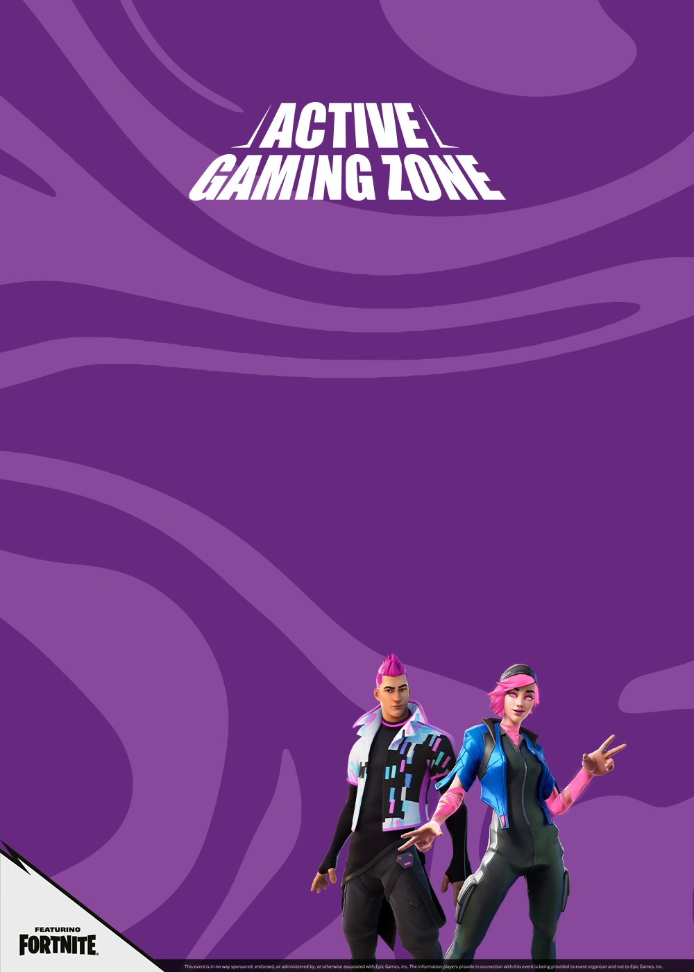 Grafika promująca strefę gamingową Fortnite w Galerii Solnej przedstawiająca dwie postacie z różowymi włosami na fioletowym tle z logo Fortnite w lewym dolnym rogu.