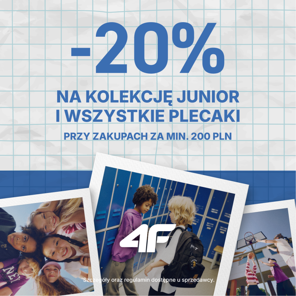 Baner promocyjny marki 4F na tle przypominającym kartkę z zeszytu w kratkę. U góry umieszczono duży niebieski napis: „-20% NA KOLEKCJĘ JUNIOR I WSZYSTKIE PLECAKI PRZY ZAKUPACH ZA MIN. 200 PLN”. W dolnej części znajdują się trzy zdjęcia w formie polaroidów ukazujące dzieci w szkole oraz podczas gry w koszykówkę. Na środkowym zdjęciu widnieje białe logo 4F. Na dole zamieszczono informację: „*Szczegóły oraz regulamin dostępne u sprzedawcy.”.