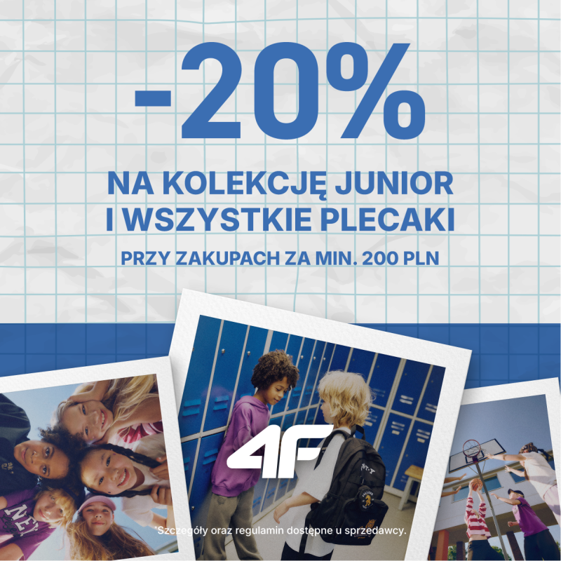 Baner promocyjny marki 4F na tle przypominającym kartkę z zeszytu w kratkę. U góry umieszczono duży niebieski napis: „-20% NA KOLEKCJĘ JUNIOR I WSZYSTKIE PLECAKI PRZY ZAKUPACH ZA MIN. 200 PLN”. W dolnej części znajdują się trzy zdjęcia w formie polaroidów ukazujące dzieci w szkole oraz podczas gry w koszykówkę. Na środkowym zdjęciu widnieje białe logo 4F. Na dole zamieszczono informację: „*Szczegóły oraz regulamin dostępne u sprzedawcy.”.