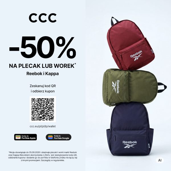 Baner promocyjny CCC na jasnym tle przedstawiający stos trzech plecaków marki Reebok: bordowy na górze, oliwkowy w środku i granatowy na dole. Po lewej stronie umieszczono czarne logo CCC, duży napis „-50% NA PLECAK LUB WOREK* Reebok i Kappa”, kod QR z instrukcją „Zeskanuj kod QR i odbierz kupon” oraz przyciski „Dodaj do Portfela Apple” i „Dodaj do Portfela Google”. Na dole zamieszczono drobnym drukiem informację: „*Akcja obowiązuje do 05.09.2026 i obejmuje plecaki i worki marki Reebok oraz Kappa. Warunkiem skorzystania z oferty jest zeskanowanie kodu QR.
