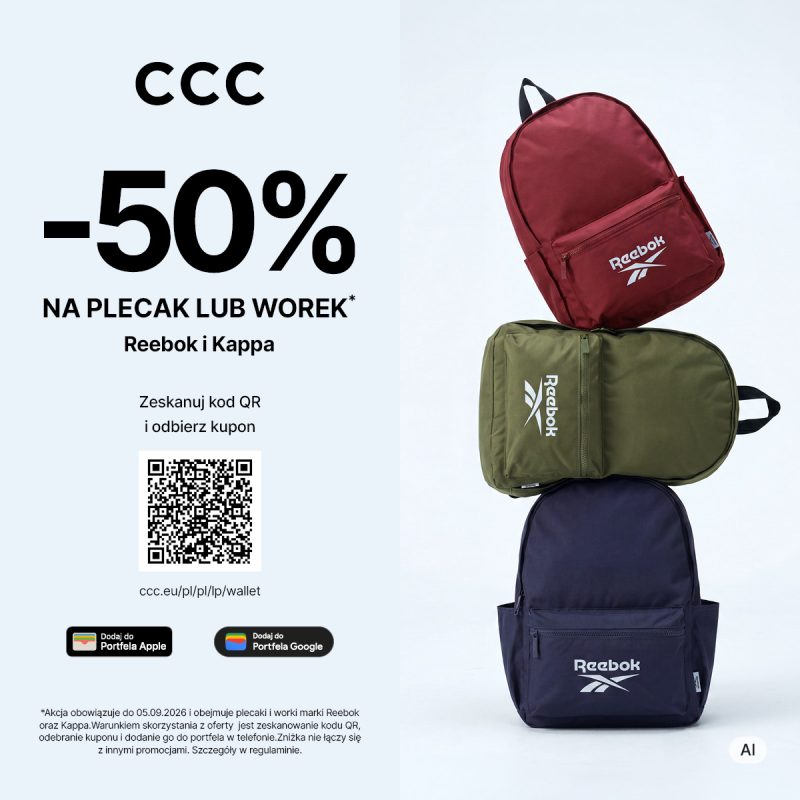 Baner promocyjny CCC na jasnym tle przedstawiający stos trzech plecaków marki Reebok: bordowy na górze, oliwkowy w środku i granatowy na dole. Po lewej stronie umieszczono czarne logo CCC, duży napis „-50% NA PLECAK LUB WOREK* Reebok i Kappa”, kod QR z instrukcją „Zeskanuj kod QR i odbierz kupon” oraz przyciski „Dodaj do Portfela Apple” i „Dodaj do Portfela Google”. Na dole zamieszczono drobnym drukiem informację: „*Akcja obowiązuje do 05.09.2026 i obejmuje plecaki i worki marki Reebok oraz Kappa. Warunkiem skorzystania z oferty jest zeskanowanie kodu QR.