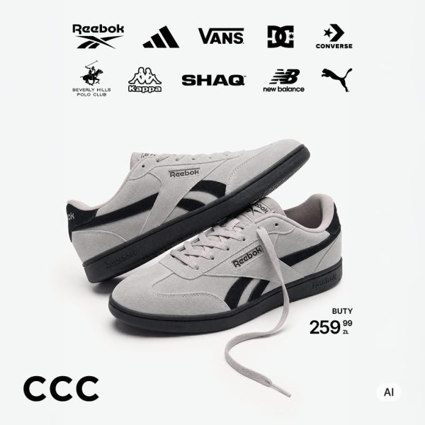 Baner promocyjny CCC przedstawiający szare, zamszowe buty sportowe marki Reebok z czarnymi detalami i czarną podeszwą, zaprezentowane na jasnym tle. Nad butami umieszczono czarne logotypy marek: Reebok, adidas, Vans, DC, Converse, Beverly Hills Polo Club, Kappa, SHAQ, New Balance oraz Puma. W prawym dolnym rogu widnieje napis „BUTY 259,99 zł”, a w lewym dolnym rogu czarne logo CCC.