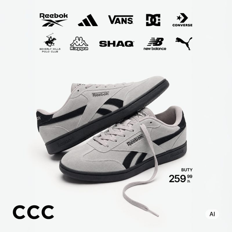 Baner promocyjny CCC przedstawiający szare, zamszowe buty sportowe marki Reebok z czarnymi detalami i czarną podeszwą, zaprezentowane na jasnym tle. Nad butami umieszczono czarne logotypy marek: Reebok, adidas, Vans, DC, Converse, Beverly Hills Polo Club, Kappa, SHAQ, New Balance oraz Puma. W prawym dolnym rogu widnieje napis „BUTY 259,99 zł”, a w lewym dolnym rogu czarne logo CCC.