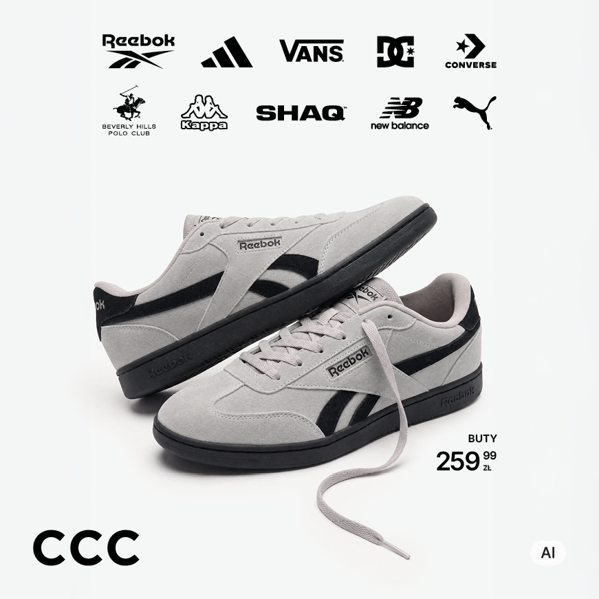 Baner promocyjny CCC przedstawiający szare, zamszowe buty sportowe marki Reebok z czarnymi detalami i czarną podeszwą, zaprezentowane na jasnym tle. Nad butami umieszczono czarne logotypy marek: Reebok, adidas, Vans, DC, Converse, Beverly Hills Polo Club, Kappa, SHAQ, New Balance oraz Puma. W prawym dolnym rogu widnieje napis „BUTY 259,99 zł”, a w lewym dolnym rogu czarne logo CCC.