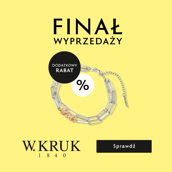 Żółty baner promocyjny marki W.KRUK z hasłem „FINAŁ WYPRZEDAŻY”. Na środku przedstawiono srebrną, podwójną bransoletkę o grubym splocie typu łańcuch ze złotym akcentem. Przy bransoletce umieszczono czarne i białe kółko z napisami „DODATKOWY RABAT” oraz symbolem procentu „%”. W dolnej części widnieje czarne logo „W.KRUK 1840” oraz czarny przycisk z napisem „Sprawdź”.
