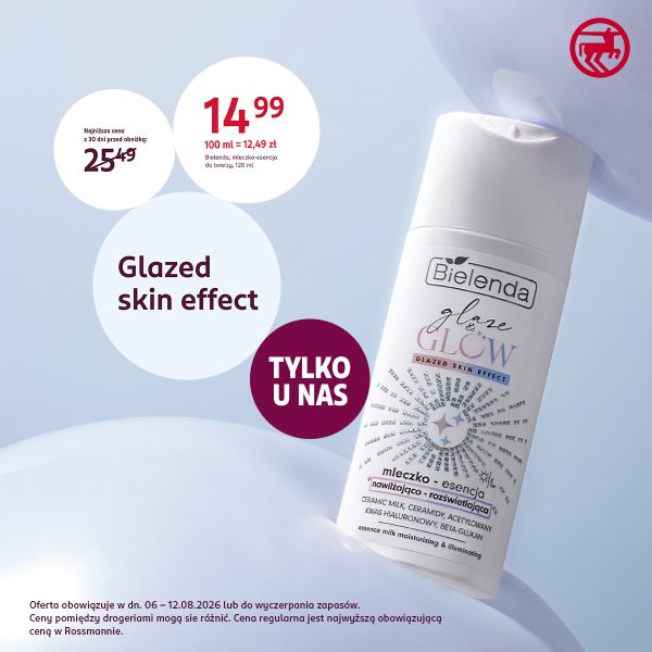 Baner promocyjny drogerii Rossmann w pastelowo-niebieskiej tonacji. Po prawej stronie widnieje opakowanie mleczka-esencji do twarzy Bielenda Glaze & Glow Glazed Skin Effect (1200 ml). Po lewej stronie w kółkach umieszczono hasła: „Glazed skin effect” oraz „TYLKO U NAS”. Wyeksponowano czerwoną cenę promocyjną 14,99 zł (100 ml = 12,49 zł) oraz najniższą cenę z 30 dni przed obniżką: 25,49 zł. W prawym górnym rogu znajduje się czerwone logo Rossmanna. Na dole podano informację: „Oferta obowiązuje w dn. 06 – 12.08.2026 lub do wyczerpania zapasów.”.