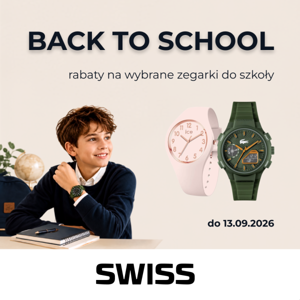 Baner promocyjny marki SWISS z kampanii „BACK TO SCHOOL”. Po lewej stronie chłopiec w ciemnoniebieskim swetrze i z zielonym zegarkiem na ręce siedzi przy biurku z zeszytem. Po prawej wyeksponowano dwa zegarki: jasnoróżowy analogowy Ice-Watch oraz ciemnozielony sportowy zegarek Lacoste. U góry widnieje napis „BACK TO SCHOOL rabaty na wybrane zegarki do szkoły”, poniżej data „do 13.09.2026” (lub na poprawionej wersji: „do 20.09.2026”), a na dole czarne logo „SWISS”.