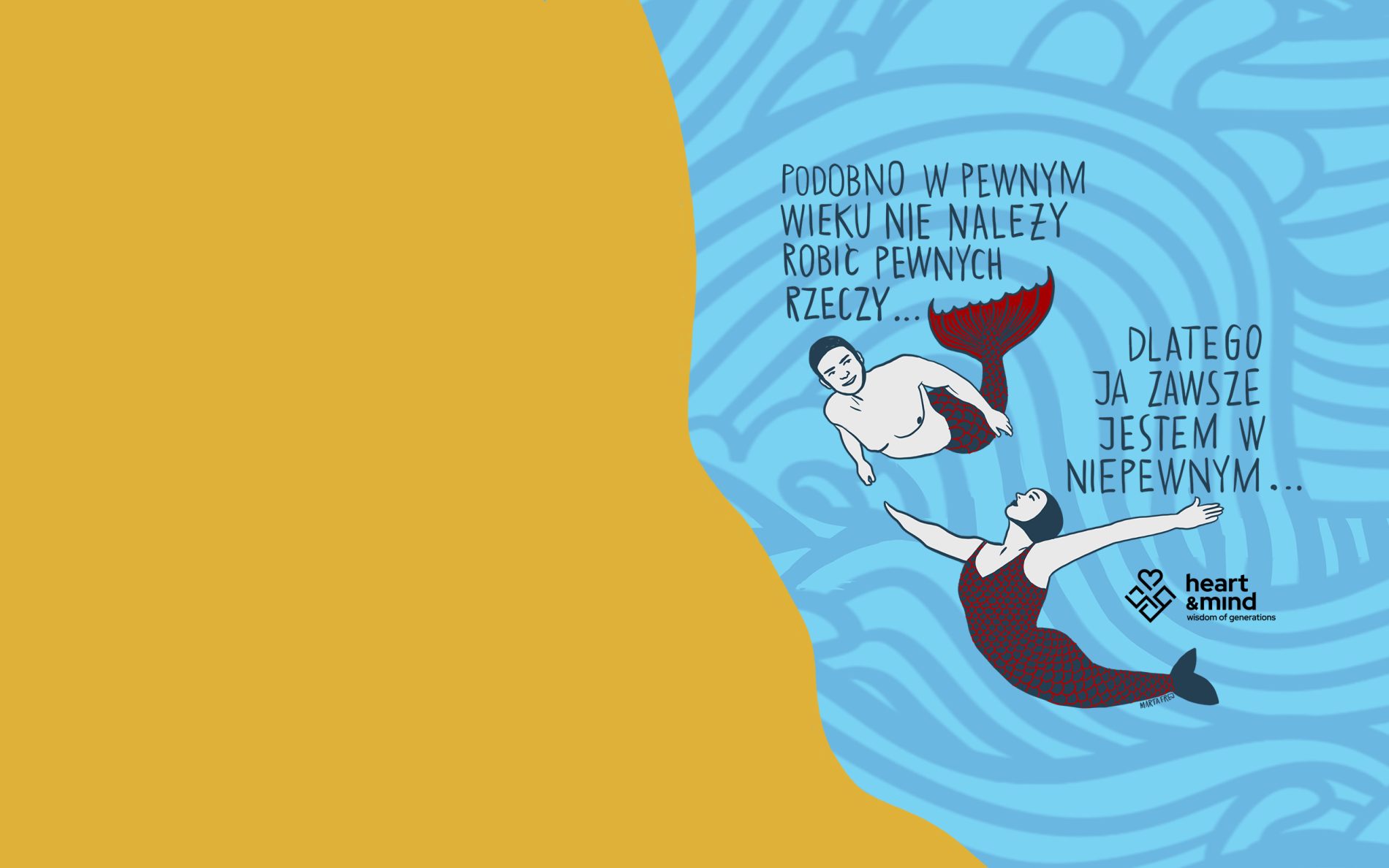 Ilustracja dwóch syren z hasłem o niepewności związanej z wiekiem. Fundacja Heart & Mind zaprasza osoby 50+ do bezpłatnej grupy wsparcia online „Kariera 50Plus\
