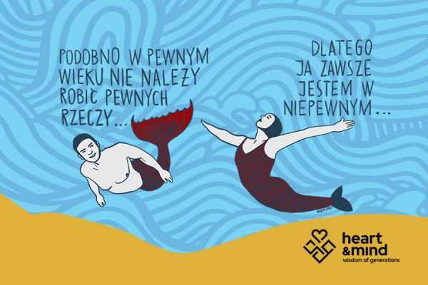 Ilustracja dwóch syren z hasłem o niepewności związanej z wiekiem. Fundacja Heart & Mind zaprasza osoby 50+ do bezpłatnej grupy wsparcia online „Kariera 50Plus\