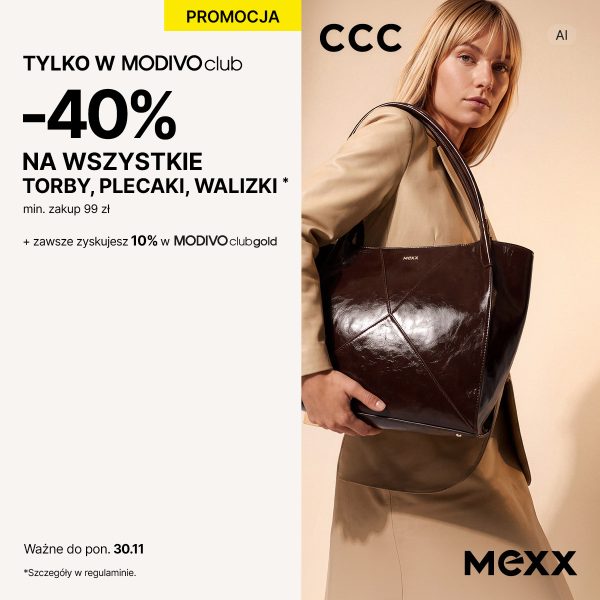 Baner promocyjny CCC podzielony na dwie części. Po prawej stronie widnieje zdjęcie blondynki w beżowym płaszczu trzymającej dużą, ciemnobrązową lakierowaną torbę marki Mexx, z czarnym logo „CCC” w lewym górnym rogu zdjęcia oraz logo „MEXX” w prawym dolnym rogu. Po lewej stronie, na jasnym tle, umieszczono żółtą etykietę „PROMOCJA”, napis „TYLKO W MODIVO club”, dużą wartość rabatu „-40% NA WSZYSTKIE TORBY, PLECAKI, WALIZKI*” (min. zakup 99 zł) oraz dopisek „+ zawsze zyskujesz 10% w MODIVO club gold”. Na dole podano informację „Ważne do pon. 30.11” z odnośnikiem do regulaminu.