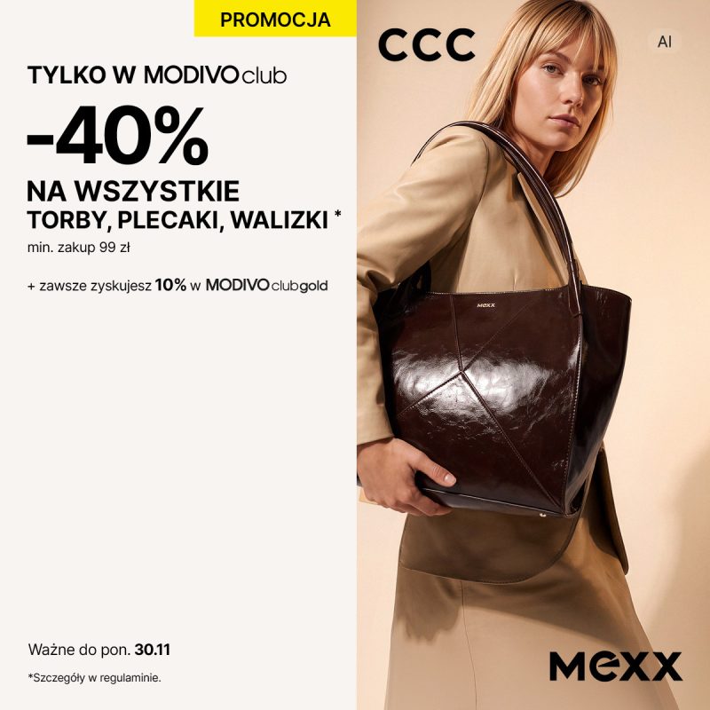 Baner promocyjny CCC podzielony na dwie części. Po prawej stronie widnieje zdjęcie blondynki w beżowym płaszczu trzymającej dużą, ciemnobrązową lakierowaną torbę marki Mexx, z czarnym logo „CCC” w lewym górnym rogu zdjęcia oraz logo „MEXX” w prawym dolnym rogu. Po lewej stronie, na jasnym tle, umieszczono żółtą etykietę „PROMOCJA”, napis „TYLKO W MODIVO club”, dużą wartość rabatu „-40% NA WSZYSTKIE TORBY, PLECAKI, WALIZKI*” (min. zakup 99 zł) oraz dopisek „+ zawsze zyskujesz 10% w MODIVO club gold”. Na dole podano informację „Ważne do pon. 30.11” z odnośnikiem do regulaminu.